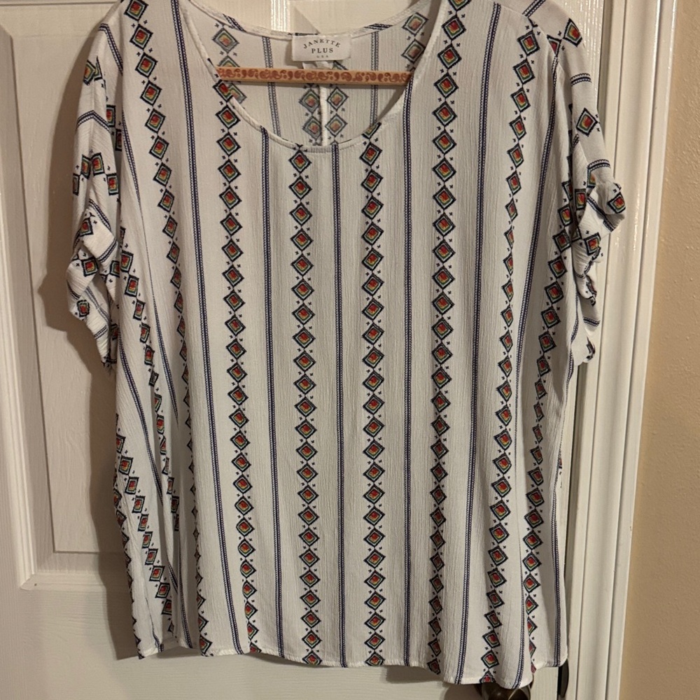 Janette Plus White Blouse with Colorful Geometric Stripes